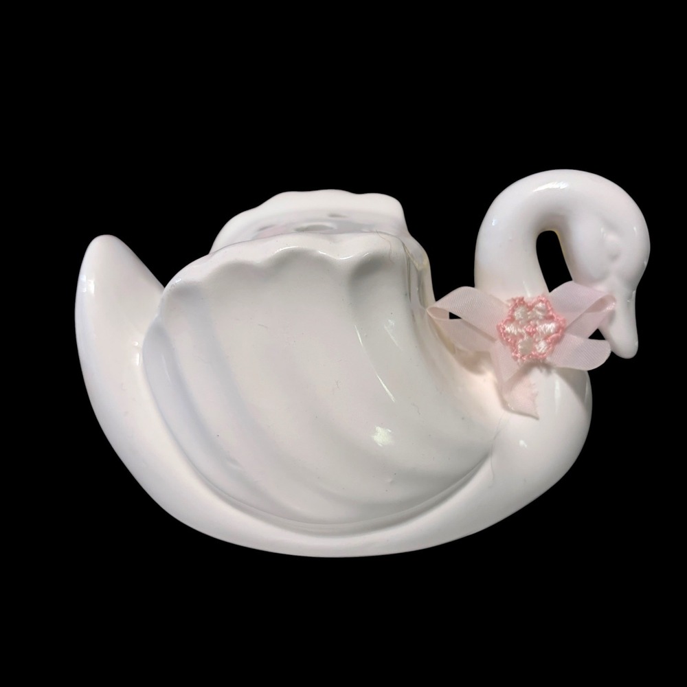 Vintage Giftco White Ceramic Swan Flower Frog Holder Cottagecore Decor Taiwan